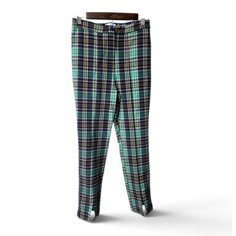 Urban Outfitters Green Blue Plaid Split Hem Slim Trousers Pants Womens Size 8